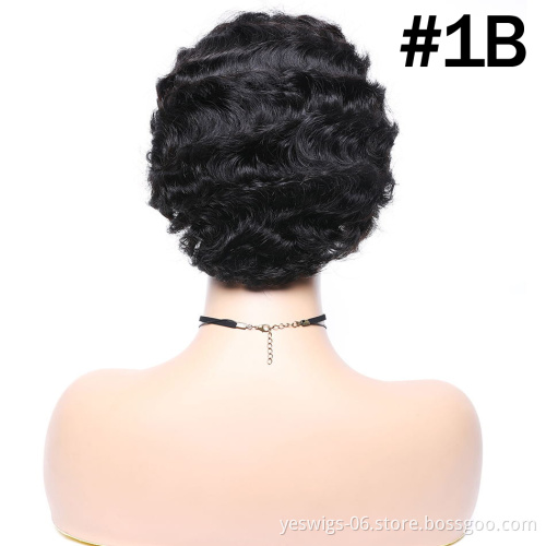 Pixie Cut Short Human Hair Wig Finger Wave For Black Women, Yeswigs Brazilian Virgin Cuticle Aligned Hair Wavy Wig Color 30#